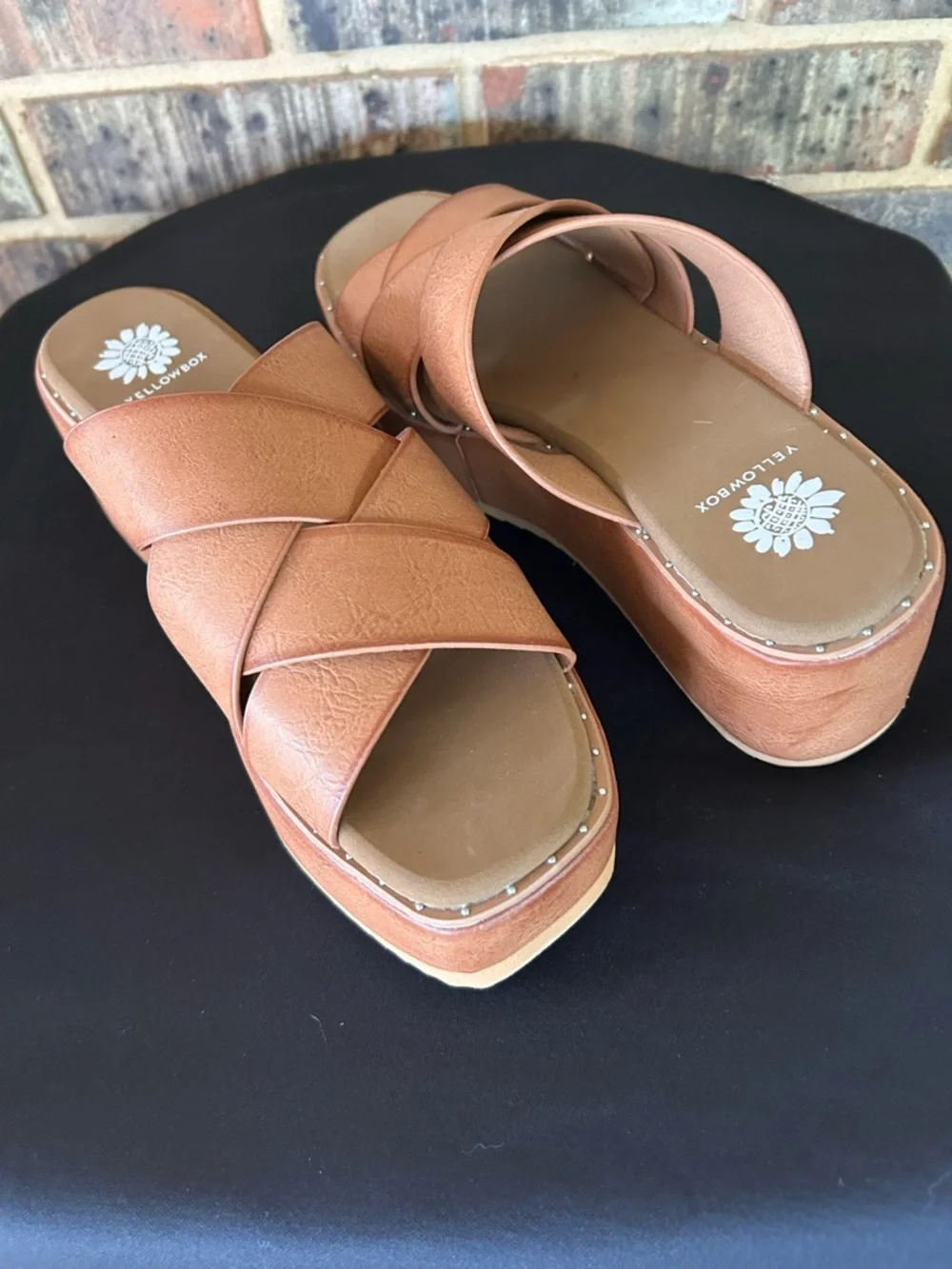Yellow Box Women's Tan Crisscross Slide Sandals with Stud Trim - Picture 2 of 7